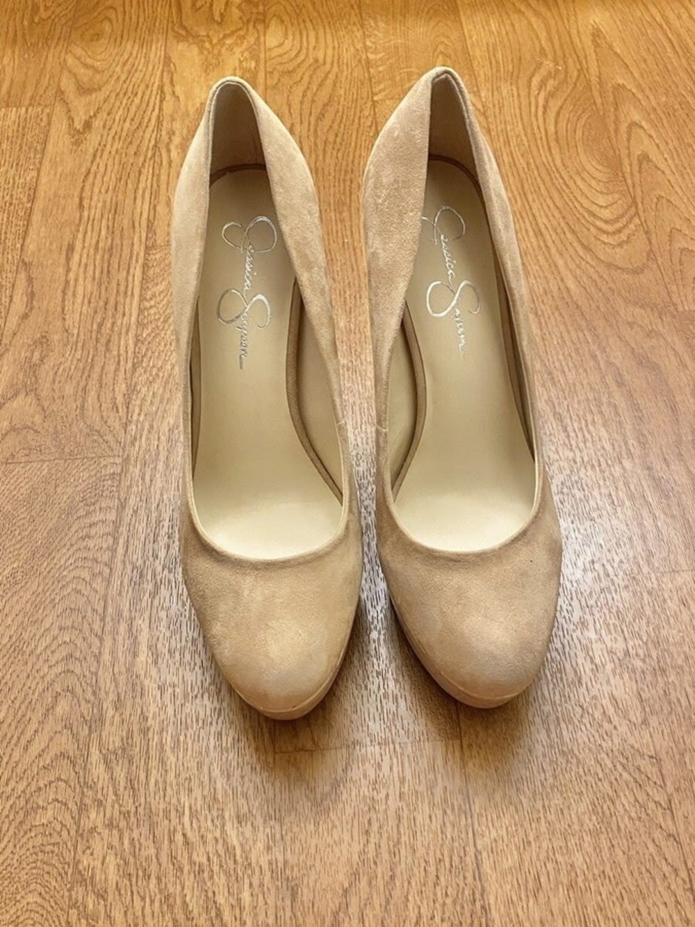 Jessica Simpson Beige Suede Round-Toe Pumps